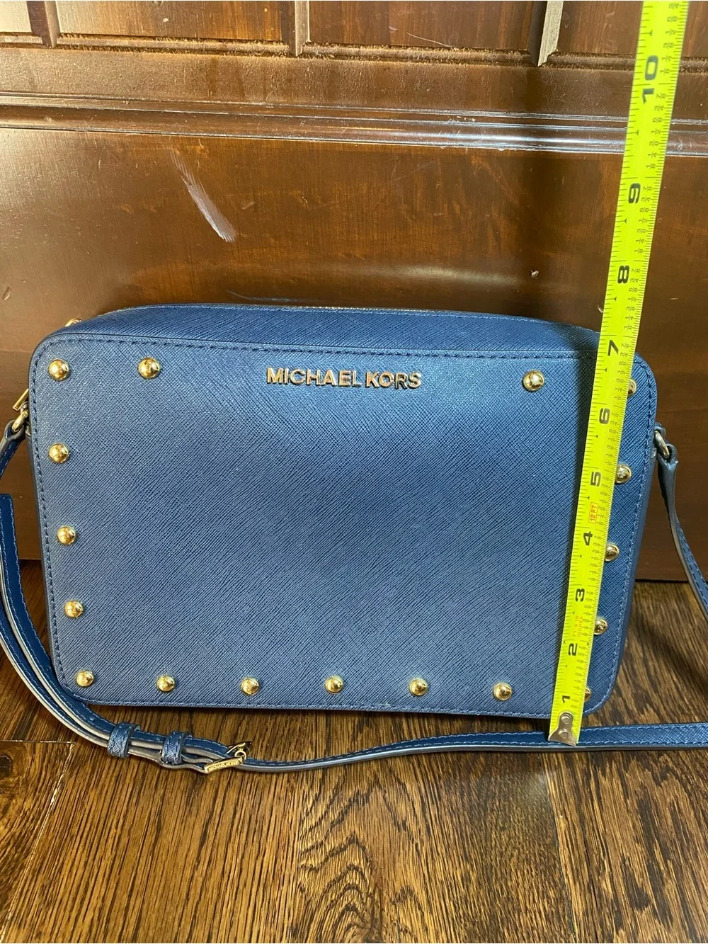 Michael Kors Sandrine Gold Studded MK EW Crossbody Bag Navy Saffiano Leather